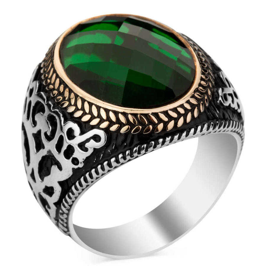 925 Sterling Silver Patterned Mens Ring with Green Zircon Stone-81