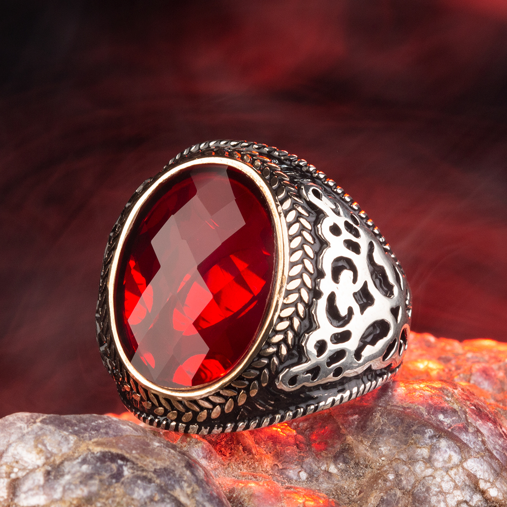 925 Sterling Silver Patterned Mens Ring with Red Zircon Stone-80