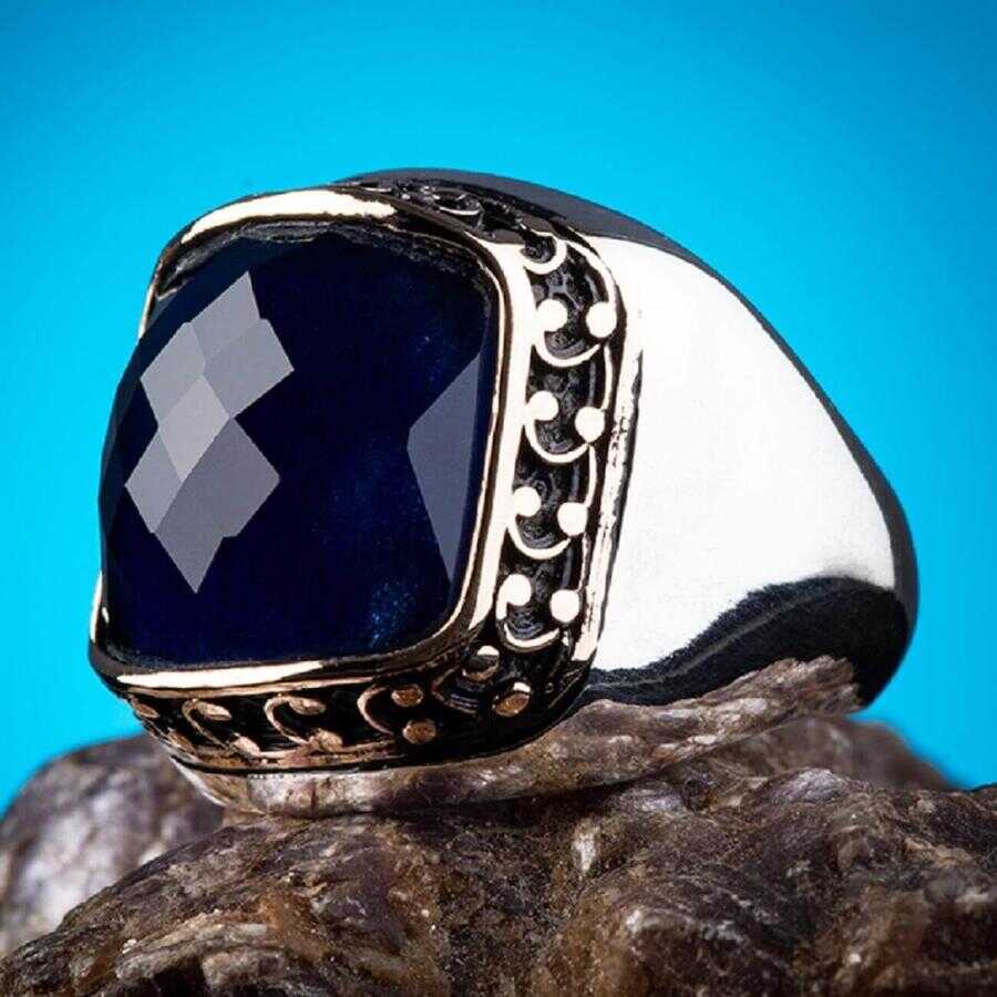 925 Sterling Silver Plain Mens Ring With Blue Zircon Stone-9
