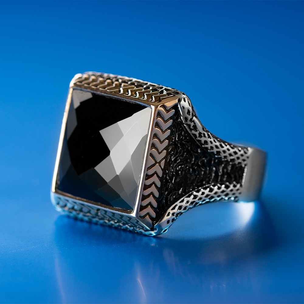 925 Sterling Silver Ring with Square Black Zircon Stone Mens-51