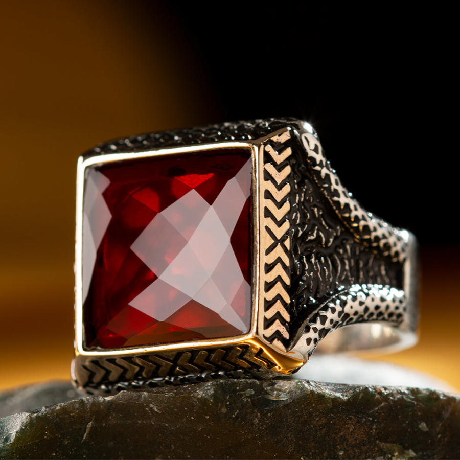 925 Sterling Silver Ring with Square Red Zircon Stone Mens-60