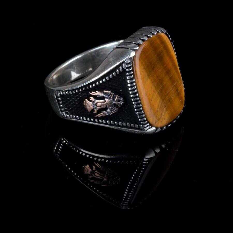 Double-Headed Eagle Figure Silver Men Ring with Brown Tigers Eye Gemstone-52