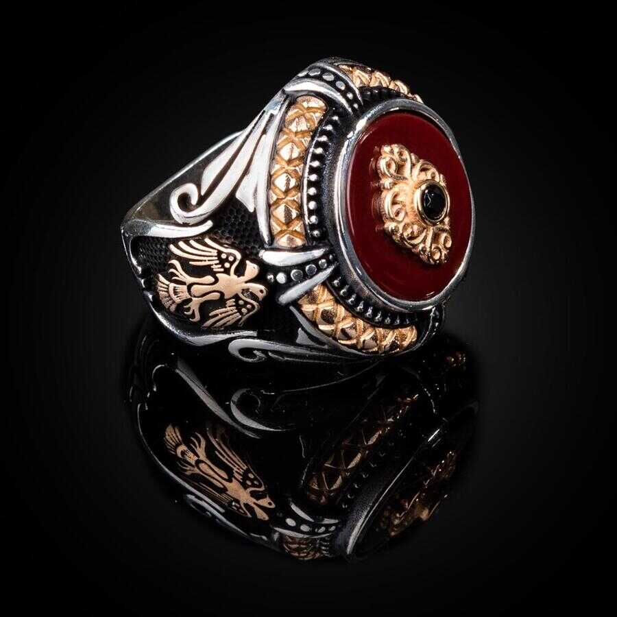 Double Headed Eagle Ornate Red Stone Silver Men Ring-25