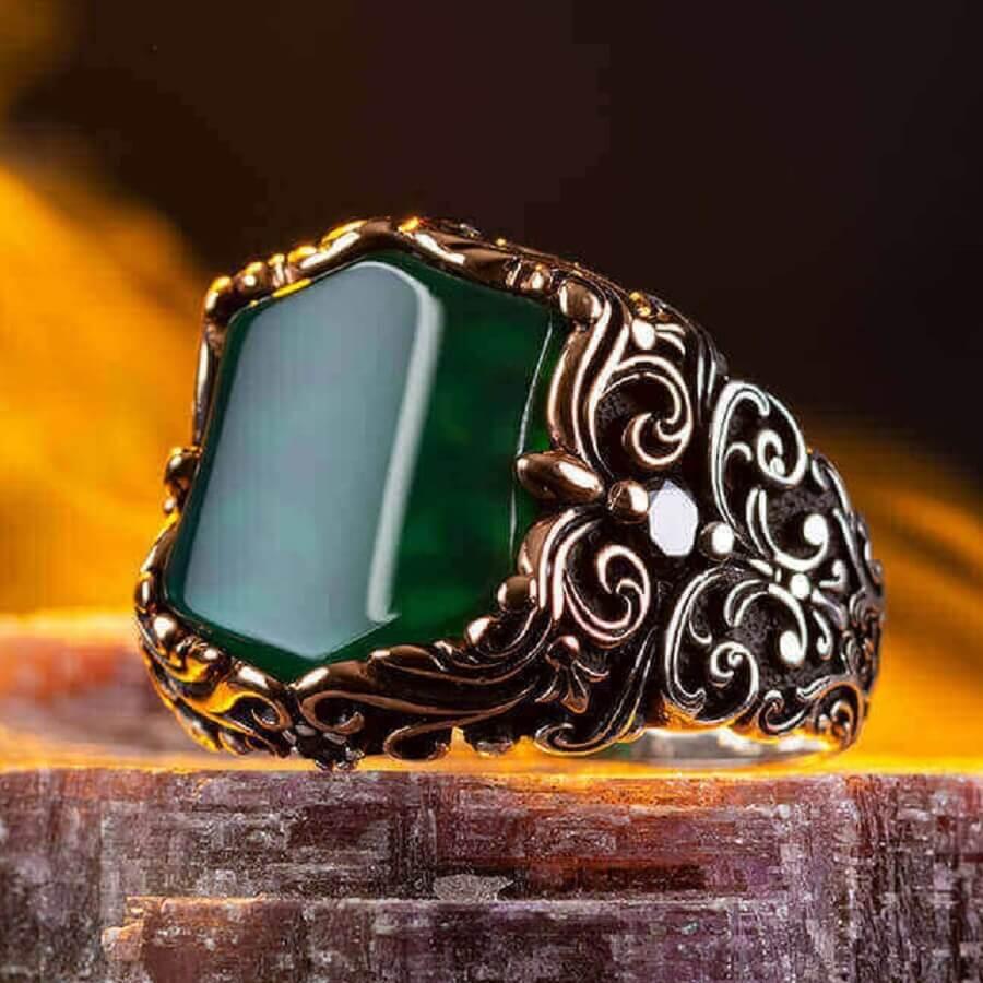 Fashionable Design Plain Zircon Green Stone Silver Mens Ring-8
