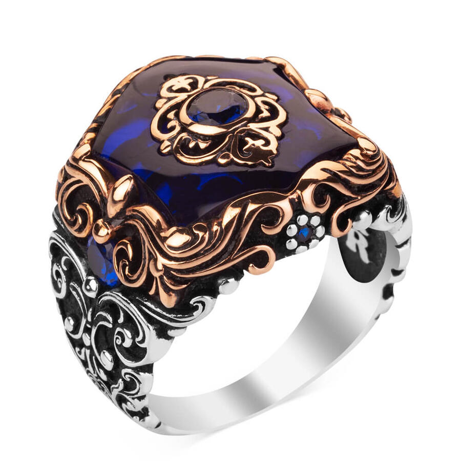 Fashionable Design Zircon Blue Stone Silver Mens Ring-58