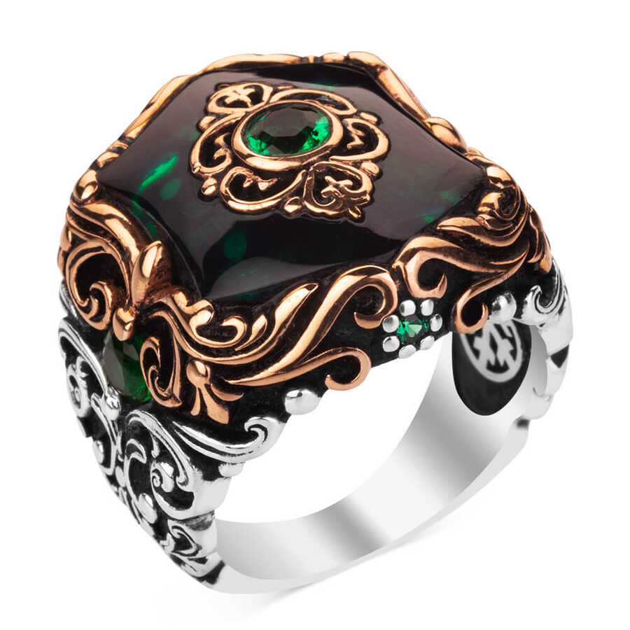 Fashionable Design Zircon Green Stone Silver Mens Ring-67