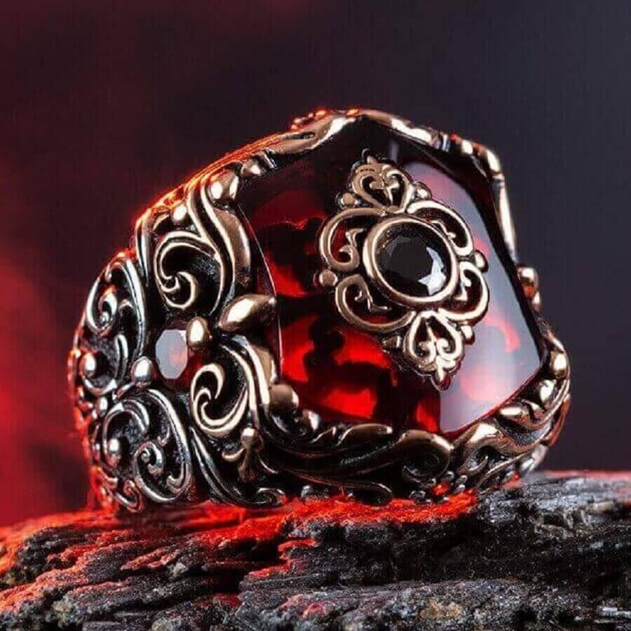 Fashionable Design Zircon Red Stone Silver Mens Ring-88