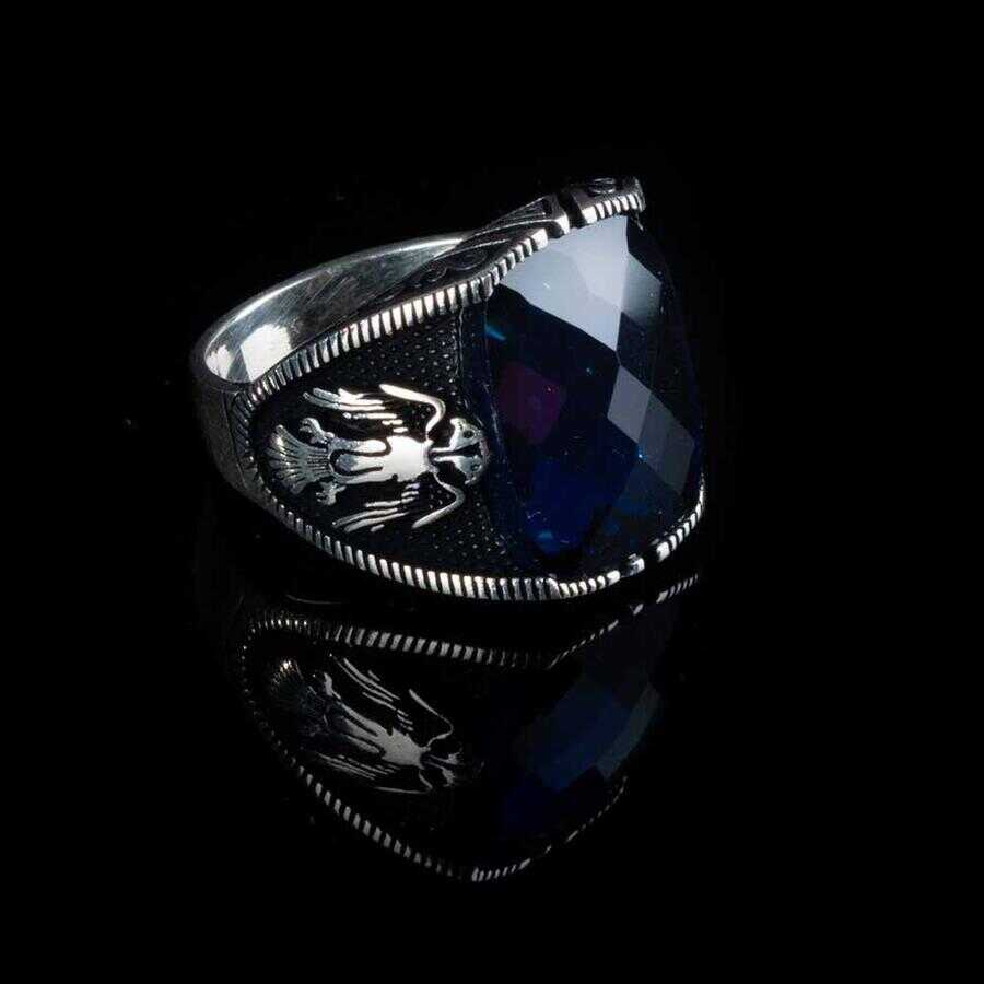 Men Silver Ring with Faceted Blue Zircon Gemstone and Seljuk Eagle Motif-55
