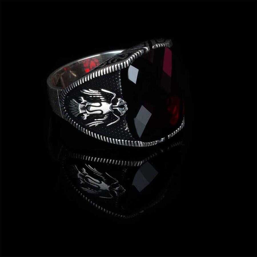 Men Silver Ring with Faceted Red Zircon Gemstone and Seljuk Eagle Motif-58