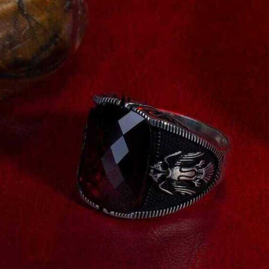 Men Silver Ring with Faceted Red Zircon Gemstone and Seljuk Eagle Motif-59