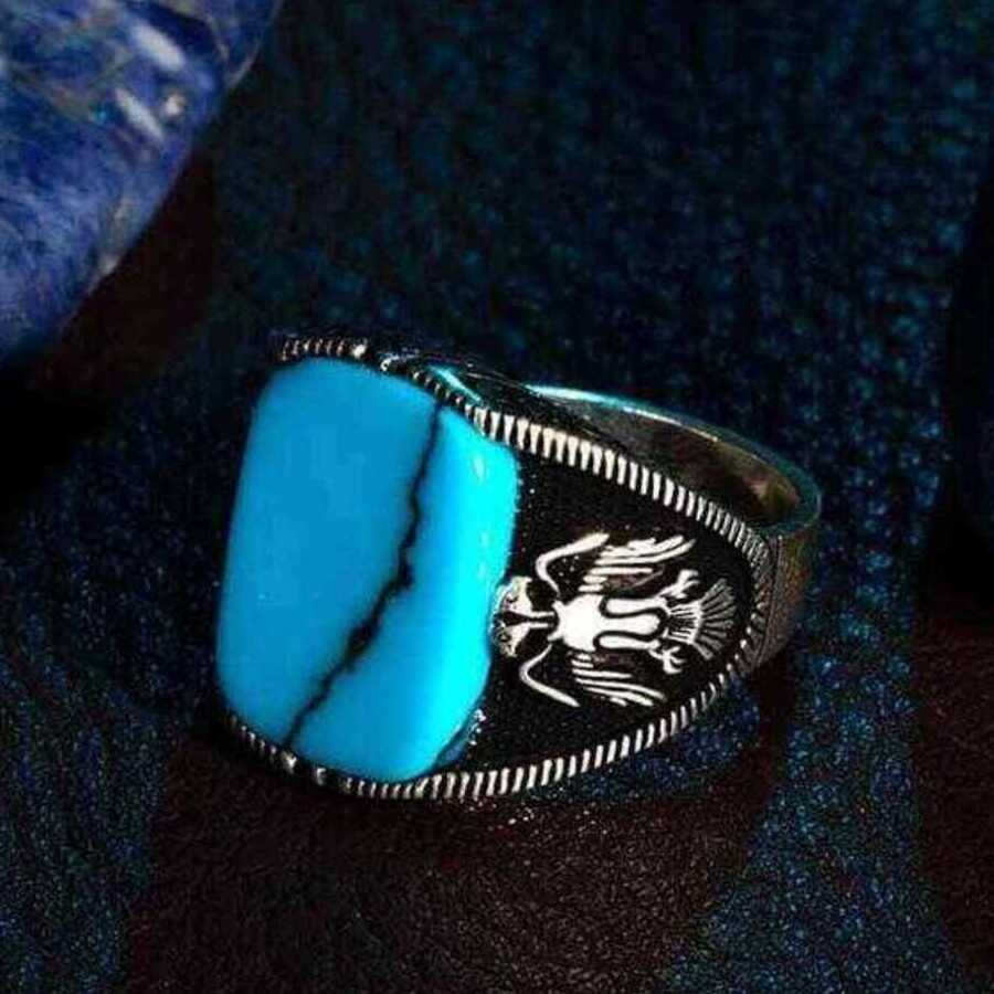 Men Silver Ring with Square Blue Turquoise Stone and Eagle Motif-58