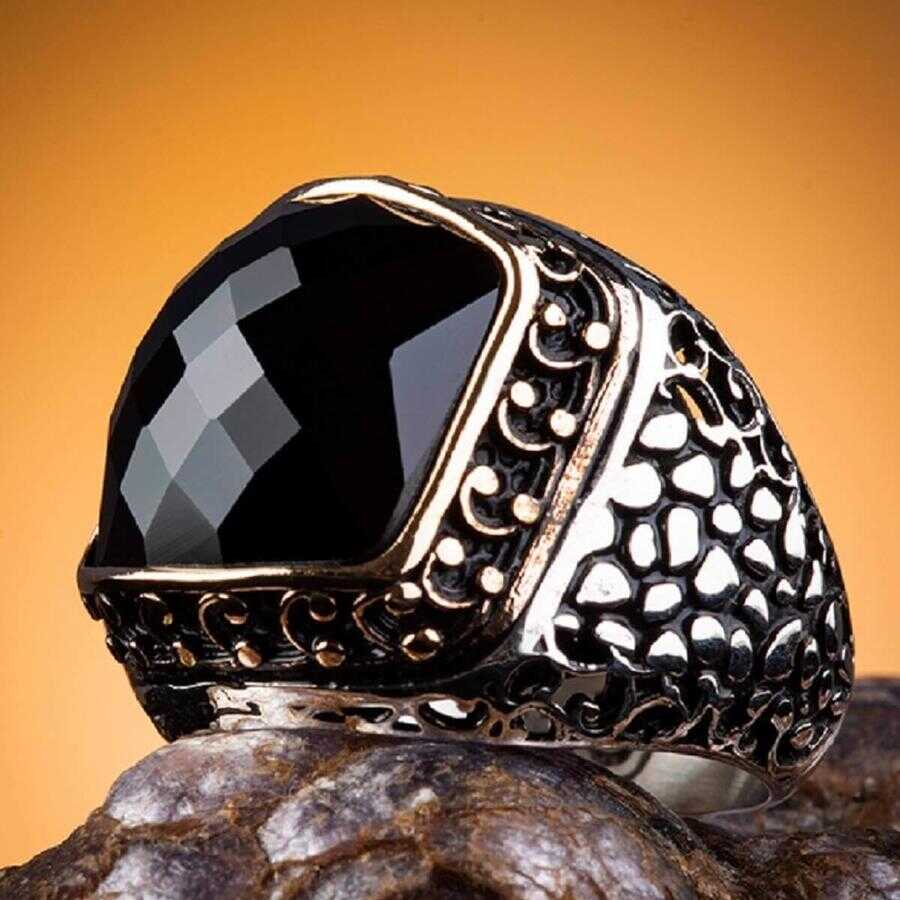 Ornamented Mens Ring With Black Zircon