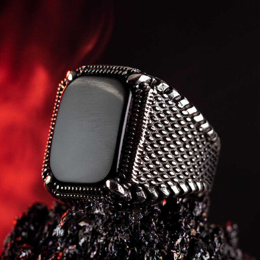 Silver Mens Ring With Square Black Onyx Stone-55