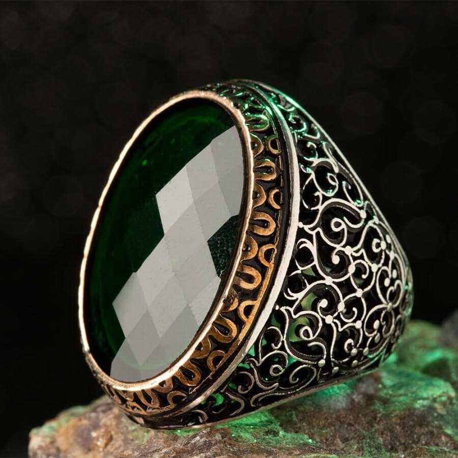 Silver Symmetrical Design Large Mens Ring With Green Zircon Stone-56