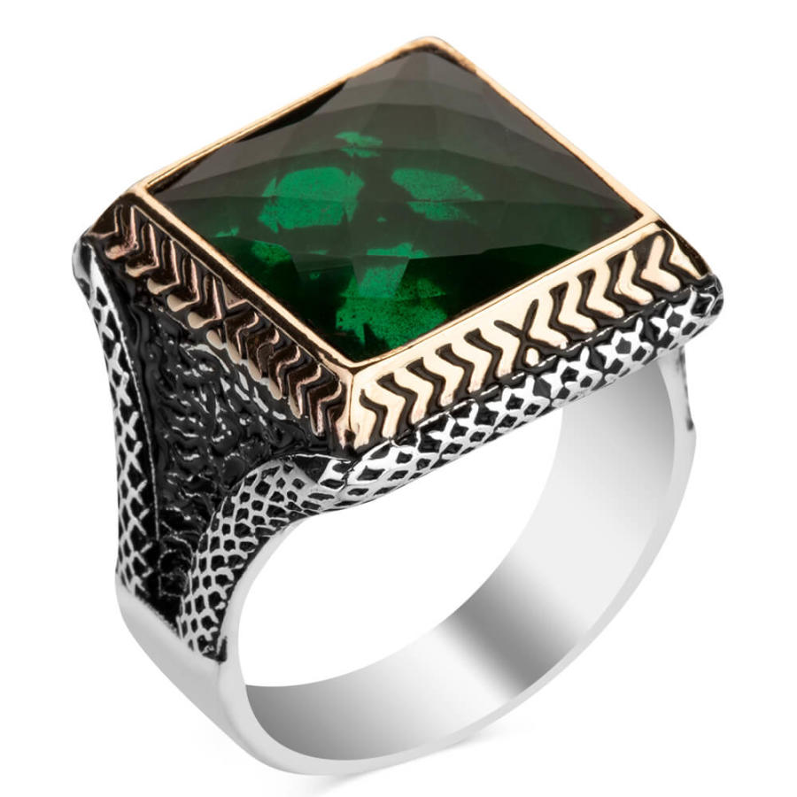 Square Design Sterling Silver Mens Ring with Green Zircon Stone-70