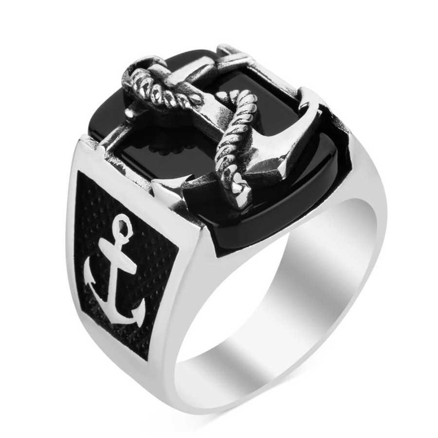 Sterling Silver Anchor Ring with Black Stone-55