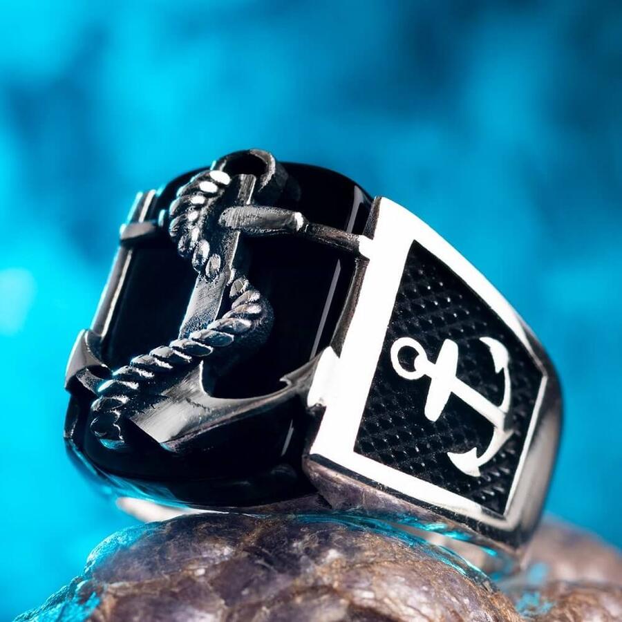 Sterling Silver Anchor Ring with Black Stone-66