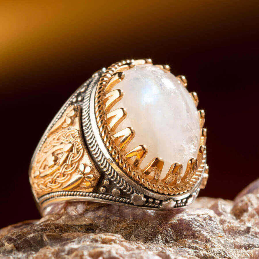 White Agate Stone Silver Mens Ring with Ornaments-70