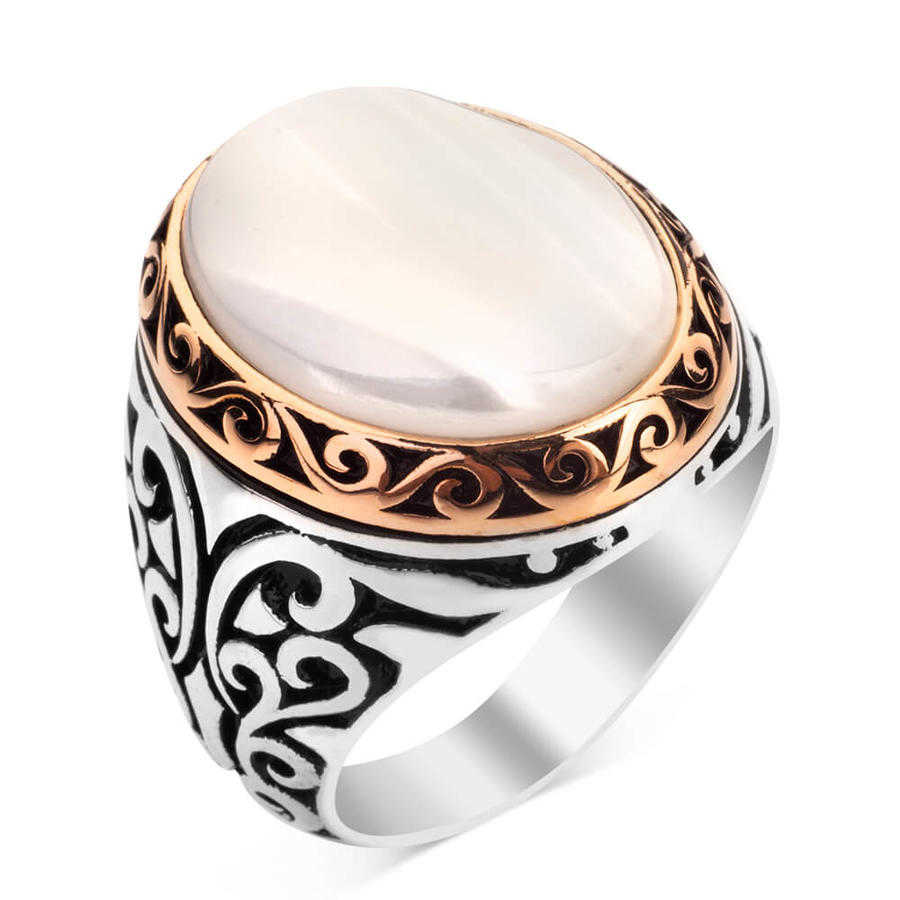 White Mother Of Pearl Stone Silver Ring-66