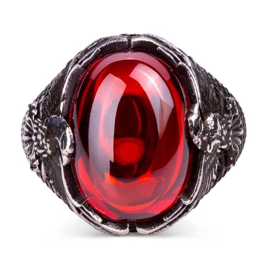 Handcarved Red Zircon Gemstone Ring Vintage Animal Jewelery Eagle Style Men  Ring - Anitolia