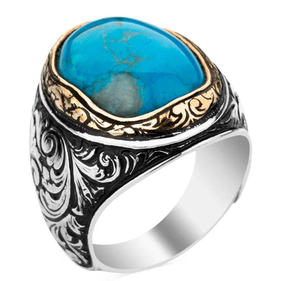 Turkish 925 Sterling Silver Solid turquoise blue stone mens ring ALL SİZE us 048