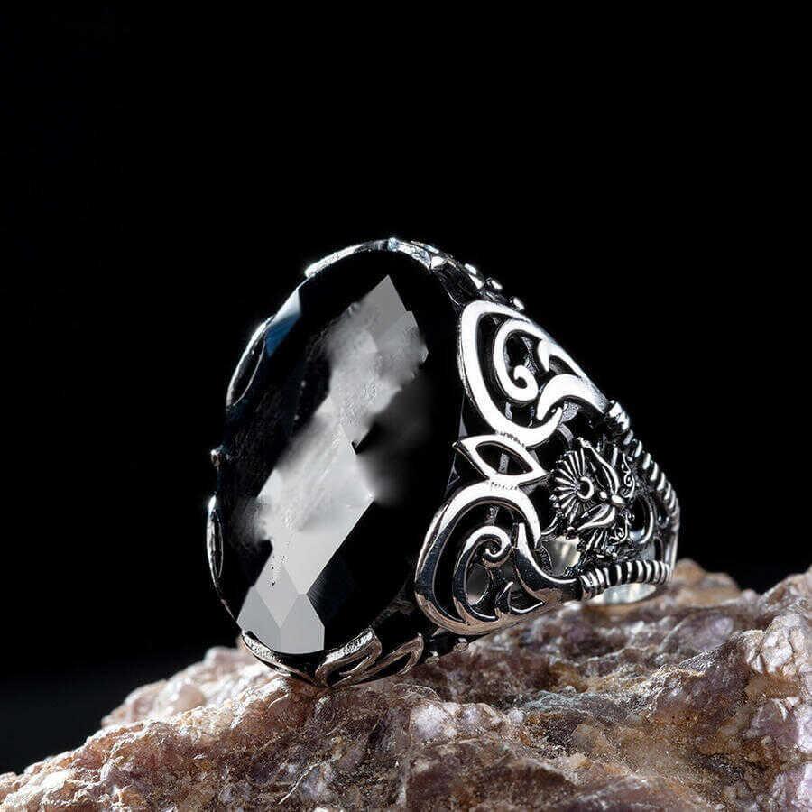 Symmetric Silver Men Jewelry Gifts For Him 925 Sterling Silver Crescent Star Style Men Ring Men Silver Ataturk Siganature Motif Ring