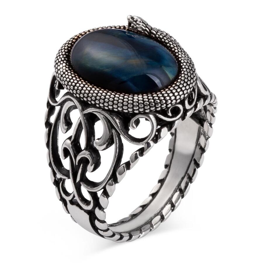 Sterling Silver Men Ouroboros Ring with Blue Tigers Eye Gemstone-66