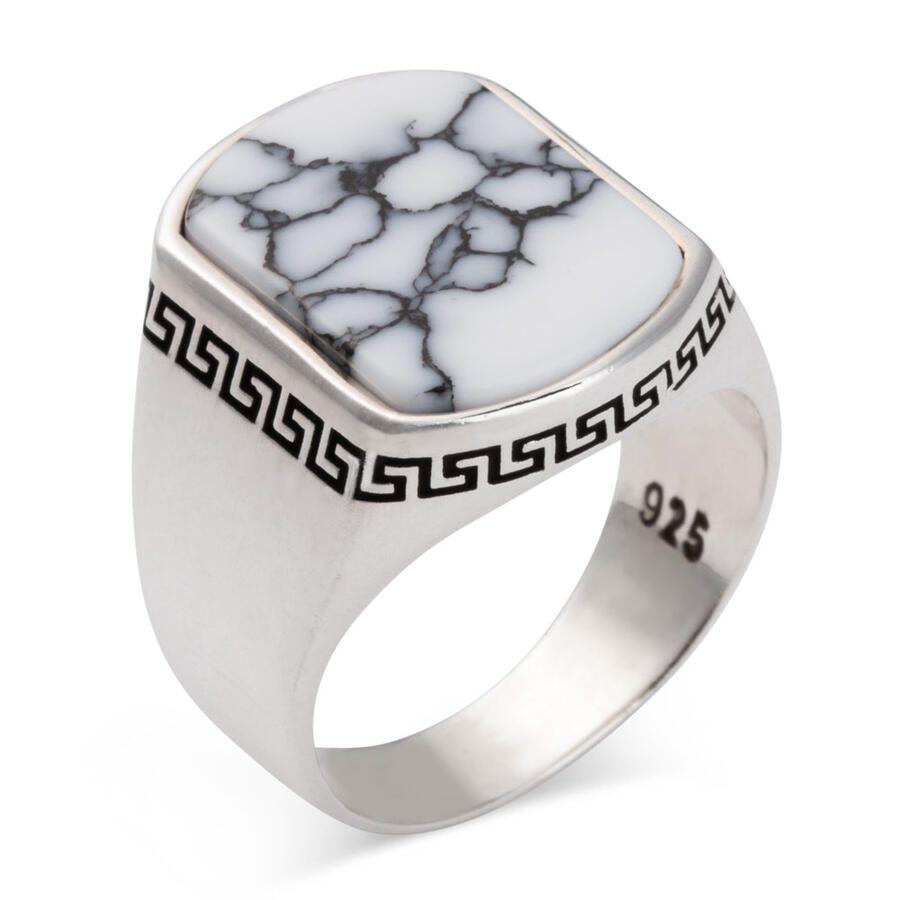 Sterling Silver Men Ring with White Turquoise Gemstone and Modern Motif-61