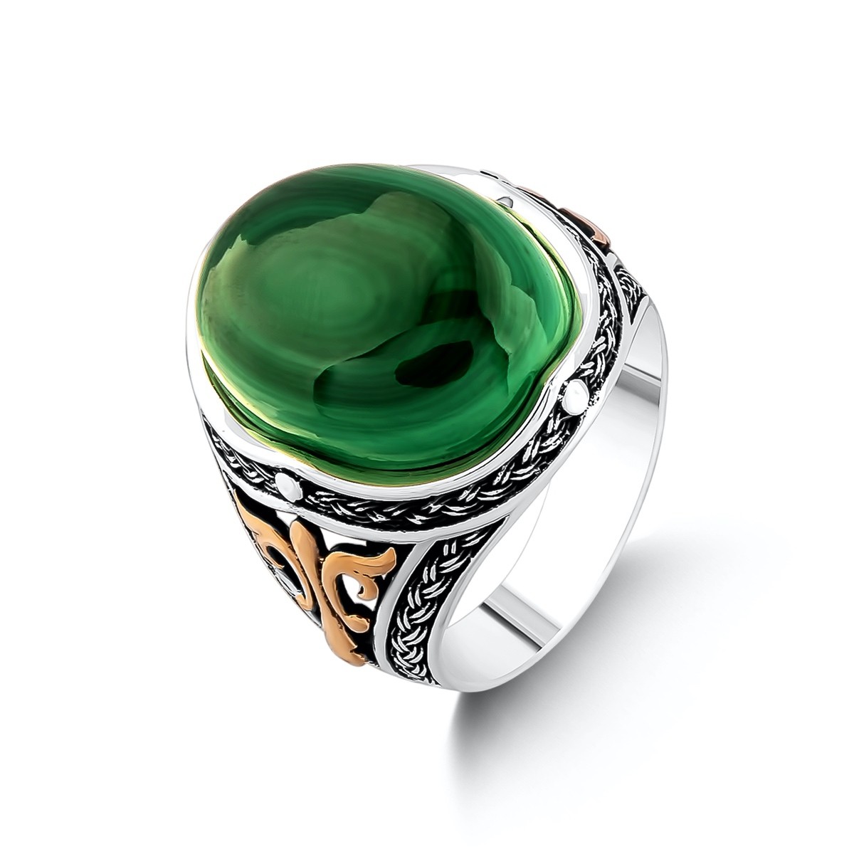 Natural Green Onyx Gemstone Designer Jewelry Solid 925 Sterling Silver Two Tone Ring Size 7