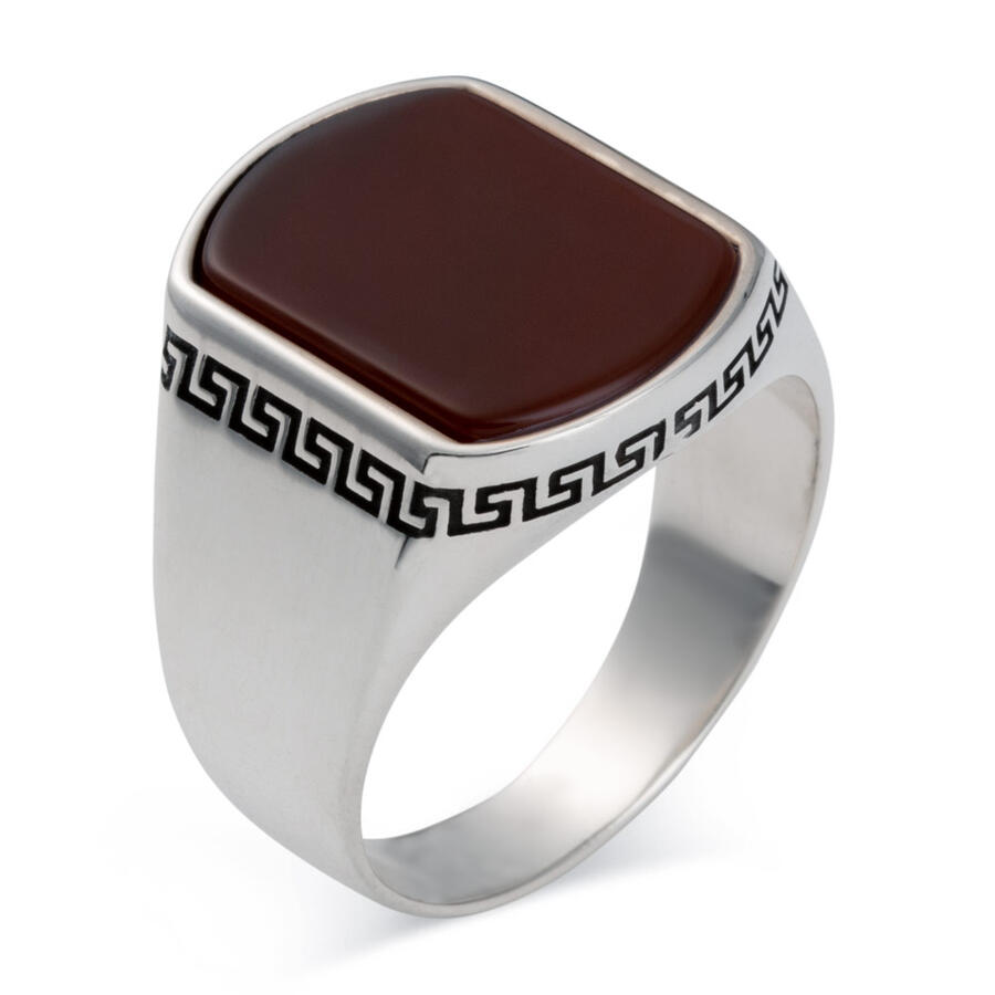 Sterling Silver Men Ring with Red Agate Gemstone and Modern Motif-61