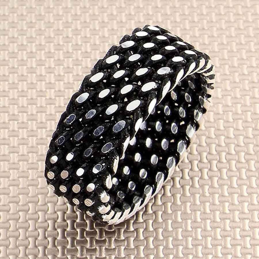 Dotted Oxide Knitted Model 925 Sterling Silver Single Wedding Ring for Men-55