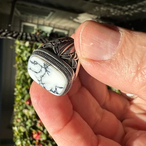 925 Sterling Silver White Turquoise Stone Mens Ring with Leaves Motifs photo review